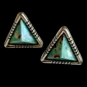 Vintage Turquoise Pyramid Stone And Silver Tone Cuff Links